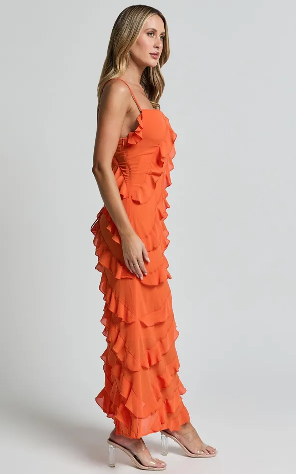 Showpo Arnie Midi Dress 8211 Strapless Ruffle Detail Slip Dress In Orange Women Dresses
