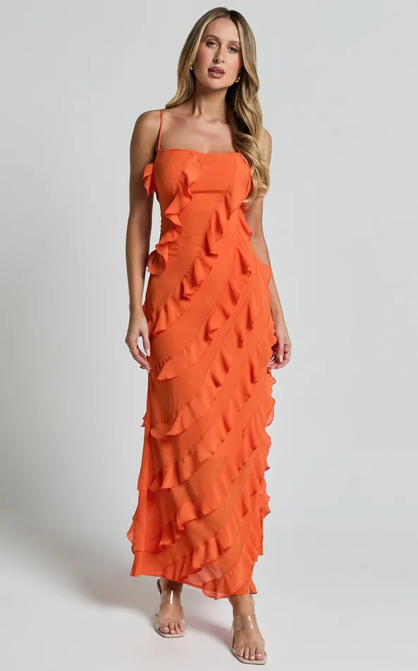 Showpo Arnie Midi Dress 8211 Strapless Ruffle Detail Slip Dress In Orange Women Dresses
