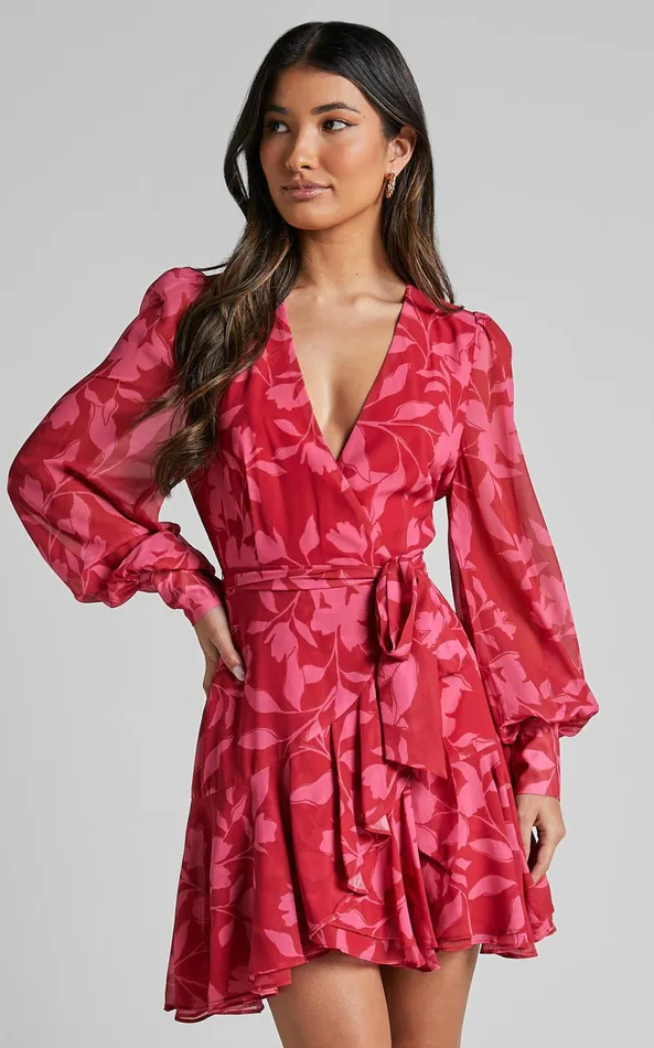 Showpo Aronia Mini Dress 8211 V Neck Long Bishop Sleeve Ruffle Hem Wrap Dress In Havana Silhouette Floral Women Dresses Showpo Aronia Mini Dress 8211 V Neck Long Bishop Sleeve Ruffle Hem Wrap Dress In Havana Silhouette Floral Women Dresses