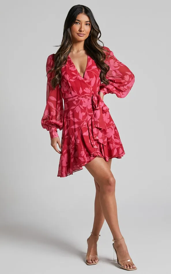 Showpo Aronia Mini Dress 8211 V Neck Long Bishop Sleeve Ruffle Hem Wrap Dress In Havana Silhouette Floral Women Dresses