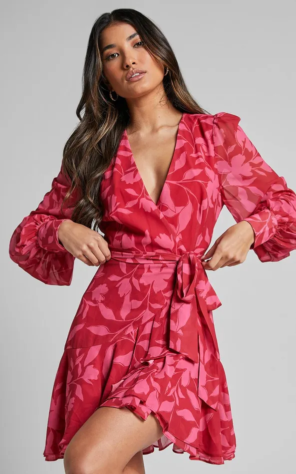 Showpo Aronia Mini Dress 8211 V Neck Long Bishop Sleeve Ruffle Hem Wrap Dress In Havana Silhouette Floral Women Dresses