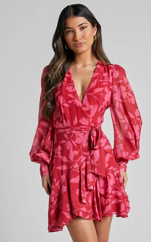 Showpo Aronia Mini Dress 8211 V Neck Long Bishop Sleeve Ruffle Hem Wrap Dress In Havana Silhouette Floral Women Dresses