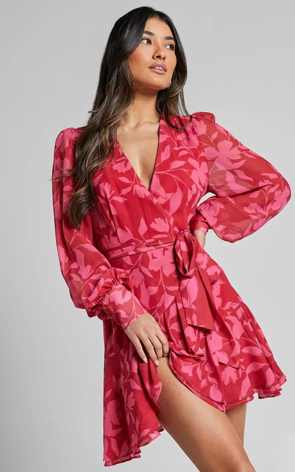 Showpo Aronia Mini Dress 8211 V Neck Long Bishop Sleeve Ruffle Hem Wrap Dress In Havana Silhouette Floral Women Dresses