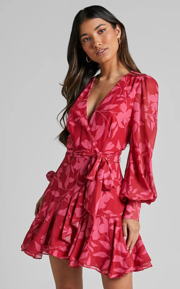 Showpo Aronia Mini Dress 8211 V Neck Long Bishop Sleeve Ruffle Hem Wrap Dress In Havana Silhouette Floral Women Dresses