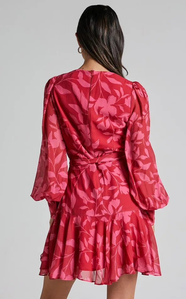 Showpo Aronia Mini Dress 8211 V Neck Long Bishop Sleeve Ruffle Hem Wrap Dress In Havana Silhouette Floral Women Dresses