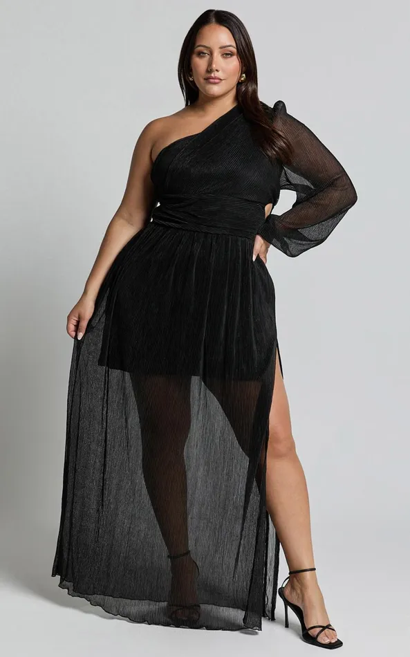 Showpo Arosa Maxi Dress 8211 One Shoulder Long Sleeve In Black Women Curve Clothes