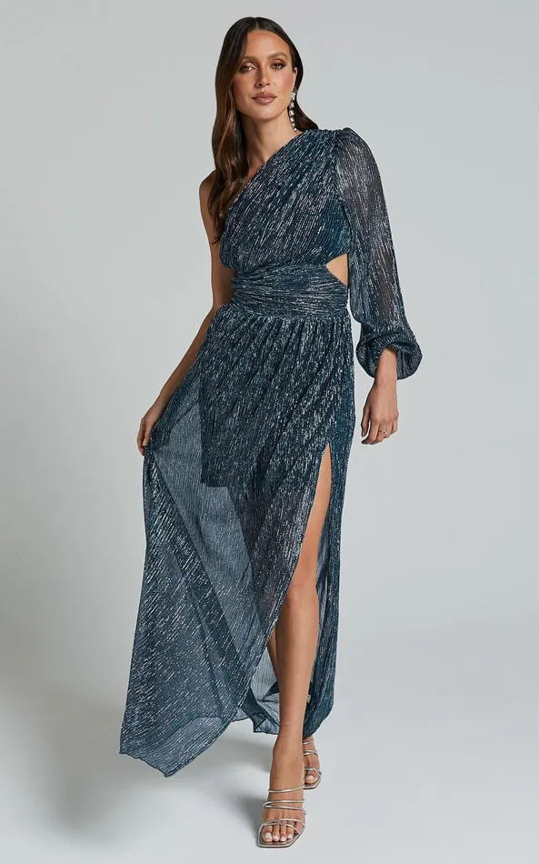 Showpo Arosa Maxi Dress 8211 One Shoulder Long Sleeve In Blue Women Dresses