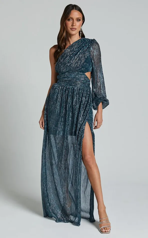 Showpo Arosa Maxi Dress 8211 One Shoulder Long Sleeve In Blue Women Dresses