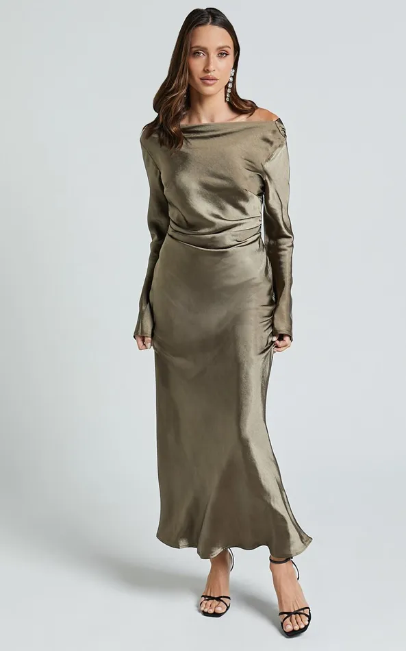 Showpo Arriana Midi Dress 8211 Long Sleeve Cowl Back Satin Dress In Dark Olive Women Dresses Showpo Arriana Midi Dress 8211 Long Sleeve Cowl Back Satin Dress In Dark Olive Women Dresses