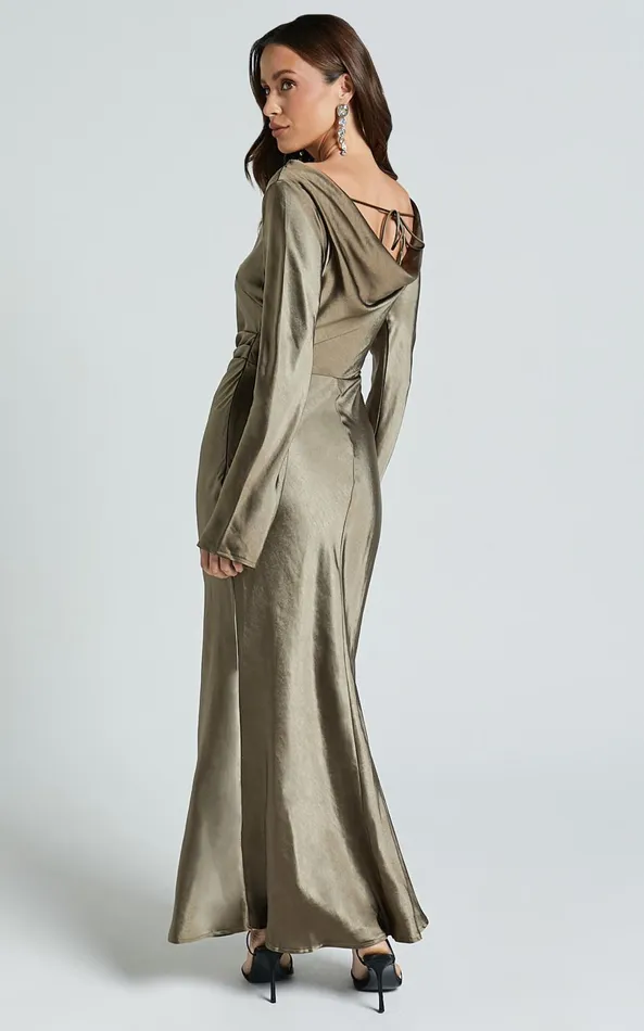 Showpo Arriana Midi Dress 8211 Long Sleeve Cowl Back Satin Dress In Dark Olive Women Dresses