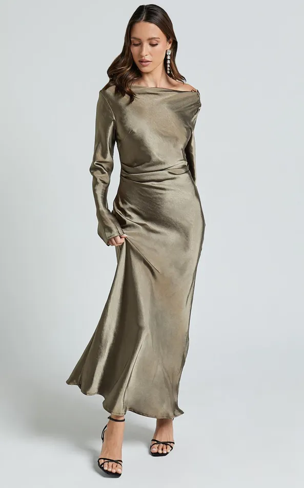 Showpo Arriana Midi Dress 8211 Long Sleeve Cowl Back Satin Dress In Dark Olive Women Dresses