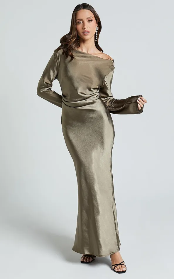 Showpo Arriana Midi Dress 8211 Long Sleeve Cowl Back Satin Dress In Dark Olive Women Dresses