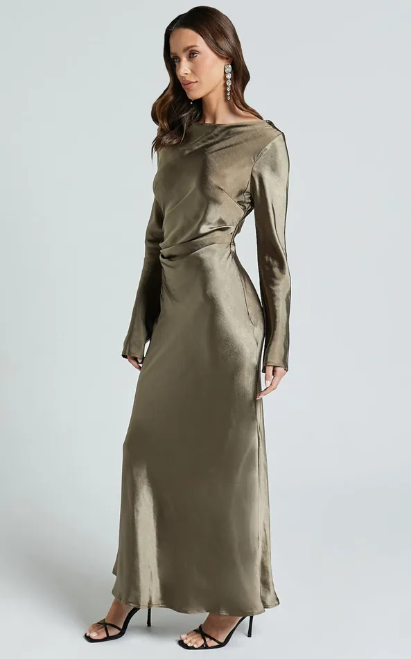 Showpo Arriana Midi Dress 8211 Long Sleeve Cowl Back Satin Dress In Dark Olive Women Dresses