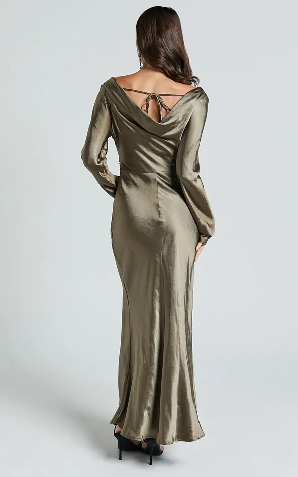 Showpo Arriana Midi Dress 8211 Long Sleeve Cowl Back Satin Dress In Dark Olive Women Dresses