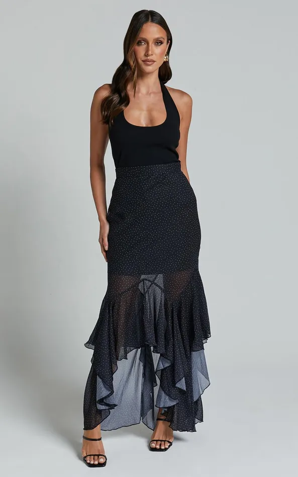 Showpo Artemisia Maxi Skirt 8211 Frill Detail Sheer High Low Skirt In Black Polka Women Skirts