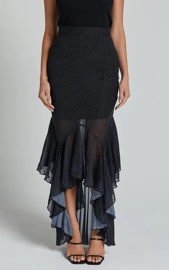 Showpo Artemisia Maxi Skirt 8211 Frill Detail Sheer High Low Skirt In Black Polka Women Skirts