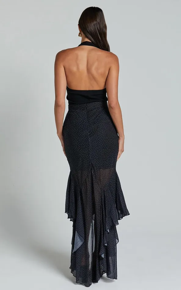 Showpo Artemisia Maxi Skirt 8211 Frill Detail Sheer High Low Skirt In Black Polka Women Skirts