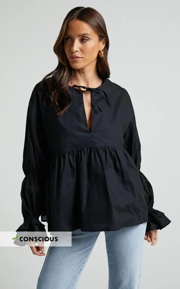 Showpo Arthur Top 8211 Linen Look Long Sleeve V Neck Tiered Top In Black Women Tops Showpo Arthur Top 8211 Linen Look Long Sleeve V Neck Tiered Top In Black Women Tops