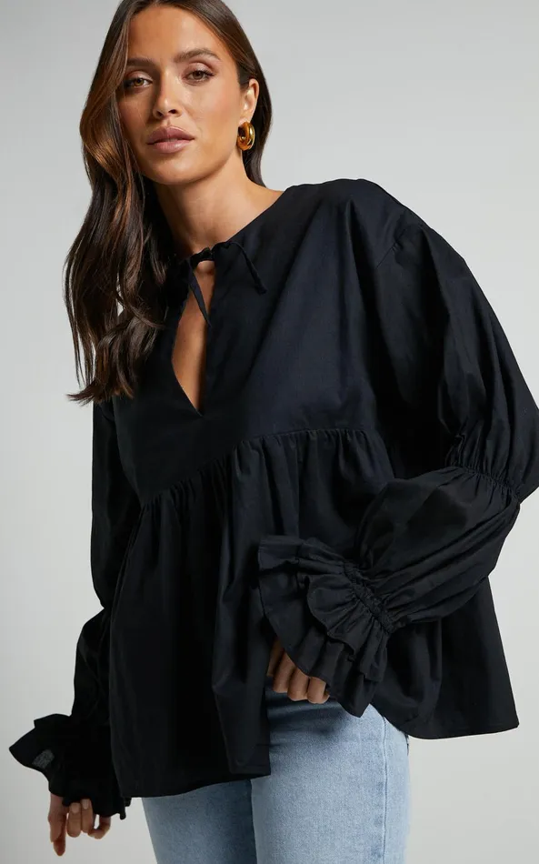 Showpo Arthur Top 8211 Linen Look Long Sleeve V Neck Tiered Top In Black Women Tops