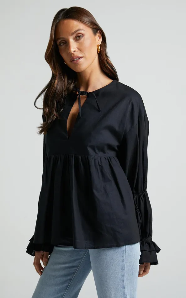 Showpo Arthur Top 8211 Linen Look Long Sleeve V Neck Tiered Top In Black Women Tops