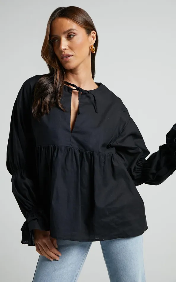 Showpo Arthur Top 8211 Linen Look Long Sleeve V Neck Tiered Top In Black Women Tops