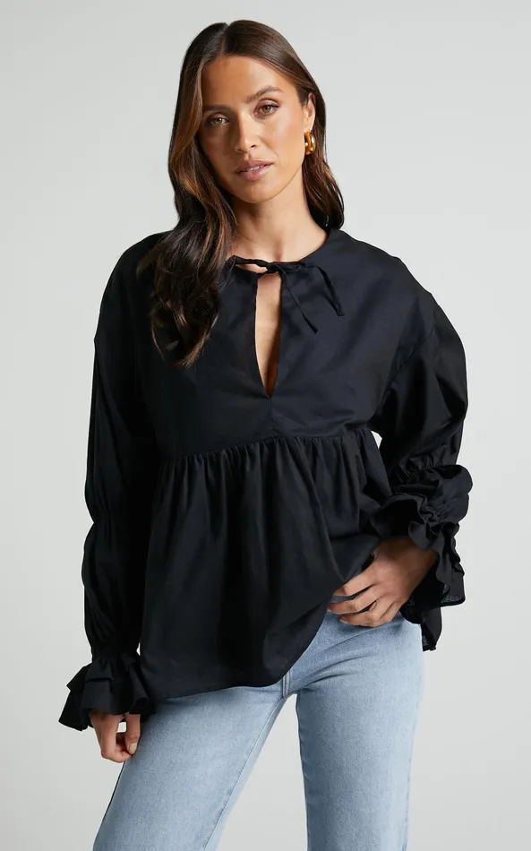 Showpo Arthur Top 8211 Linen Look Long Sleeve V Neck Tiered Top In Black Women Tops