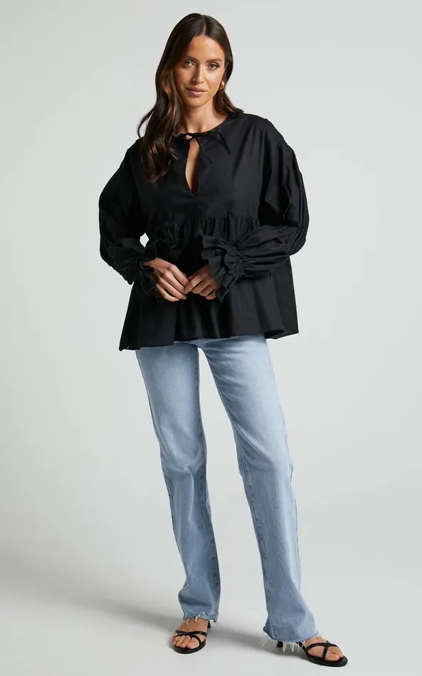 Showpo Arthur Top 8211 Linen Look Long Sleeve V Neck Tiered Top In Black Women Tops