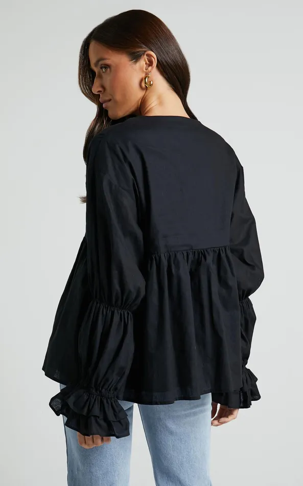 Showpo Arthur Top 8211 Linen Look Long Sleeve V Neck Tiered Top In Black Women Tops