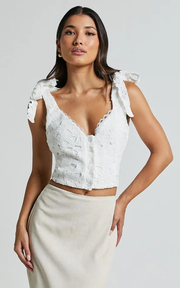 Showpo Artie Top 8211 Tie Shoulder Lace Top In White Women Tops