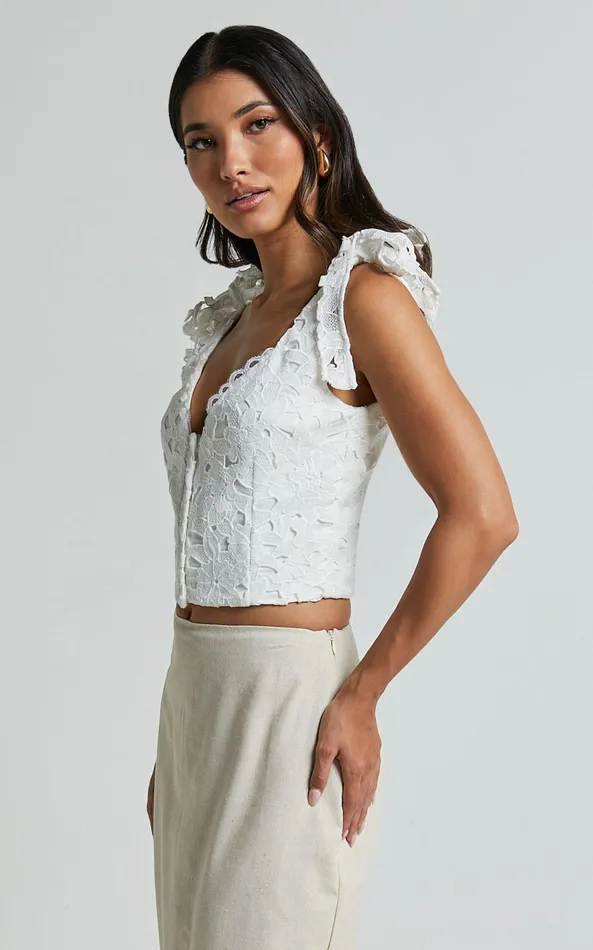 Showpo Artie Top 8211 Tie Shoulder Lace Top In White Women Tops