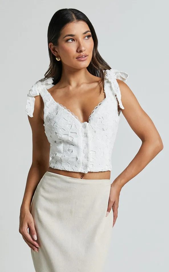 Showpo Artie Top 8211 Tie Shoulder Lace Top In White Women Tops