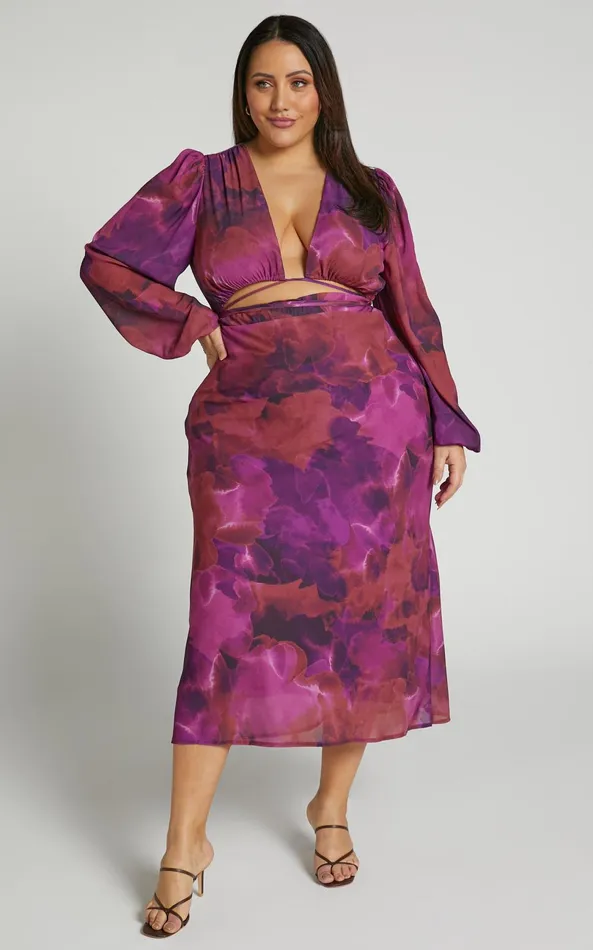 Showpo Artola Midi Dress 8211 Front Cut Out Long Sleeve Dress In Blurred Dreams Women Curve Clothes