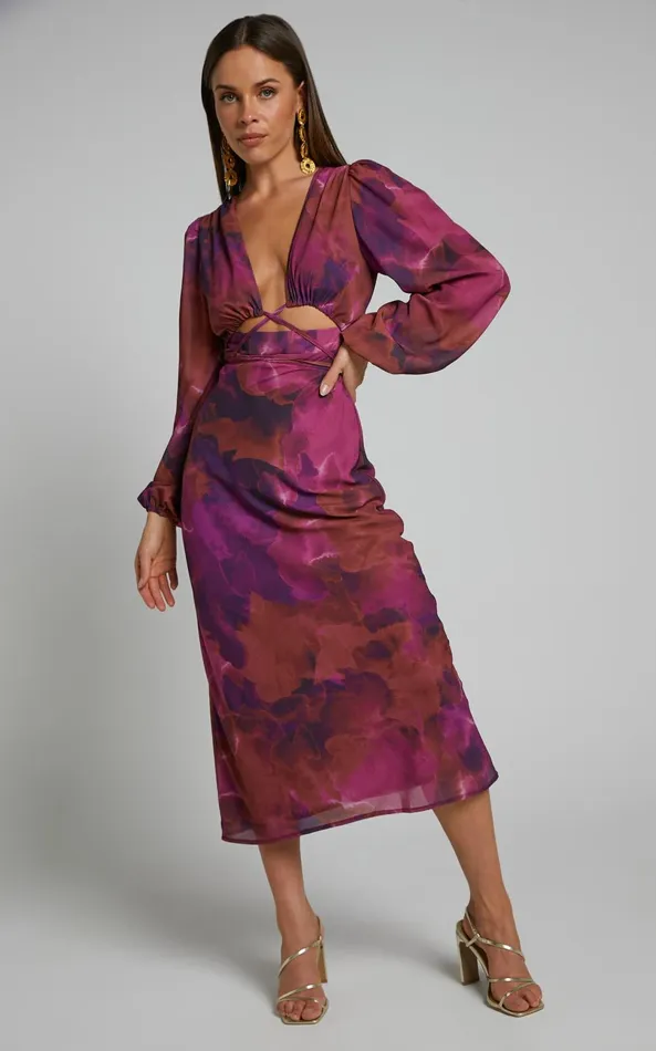 Showpo Artola Midi Dress 8211 Front Cut Out Long Sleeve Dress In Blurred Dreams Women Curve Clothes