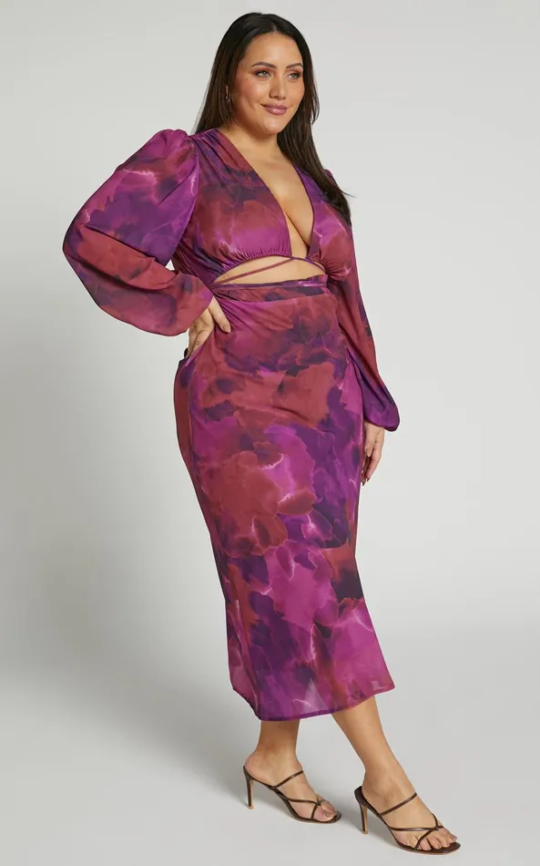Showpo Artola Midi Dress 8211 Front Cut Out Long Sleeve Dress In Blurred Dreams Women Curve Clothes