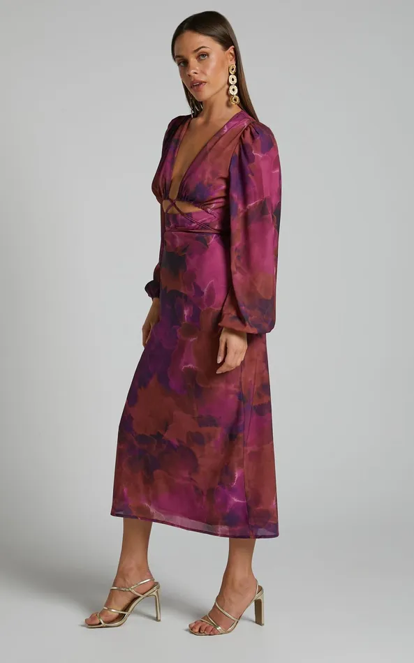 Showpo Artola Midi Dress 8211 Front Cut Out Long Sleeve Dress In Blurred Dreams Women Curve Clothes