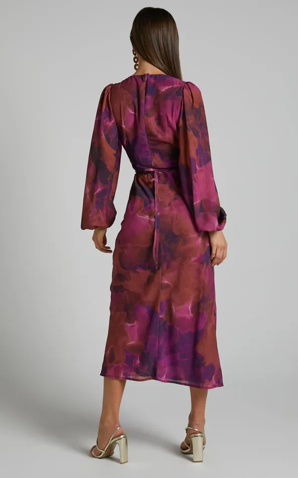 Showpo Artola Midi Dress 8211 Front Cut Out Long Sleeve Dress In Blurred Dreams Women Curve Clothes