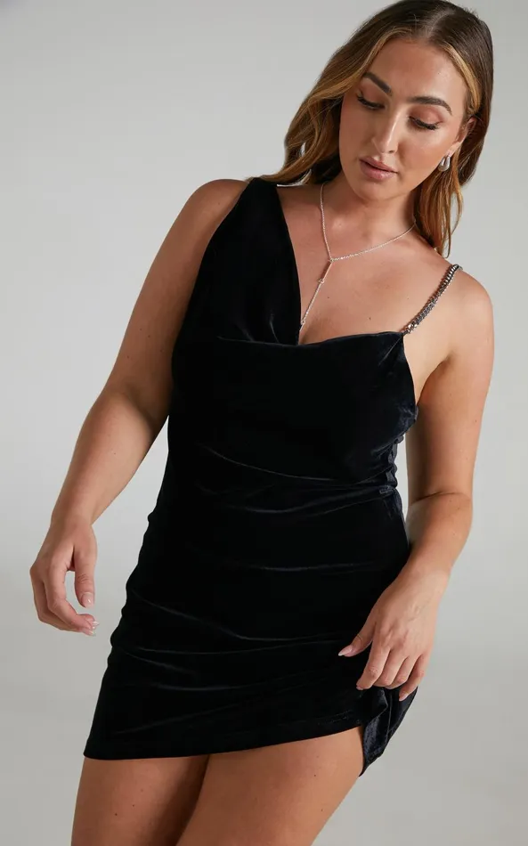 Showpo Asher Mini Dress 8211 Asymmetric Neckline Chain Strap Velvet Dress In Black Women Dresses