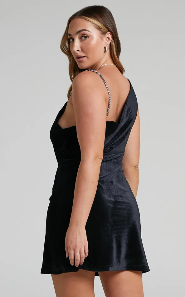 Showpo Asher Mini Dress 8211 Asymmetric Neckline Chain Strap Velvet Dress In Black Women Dresses