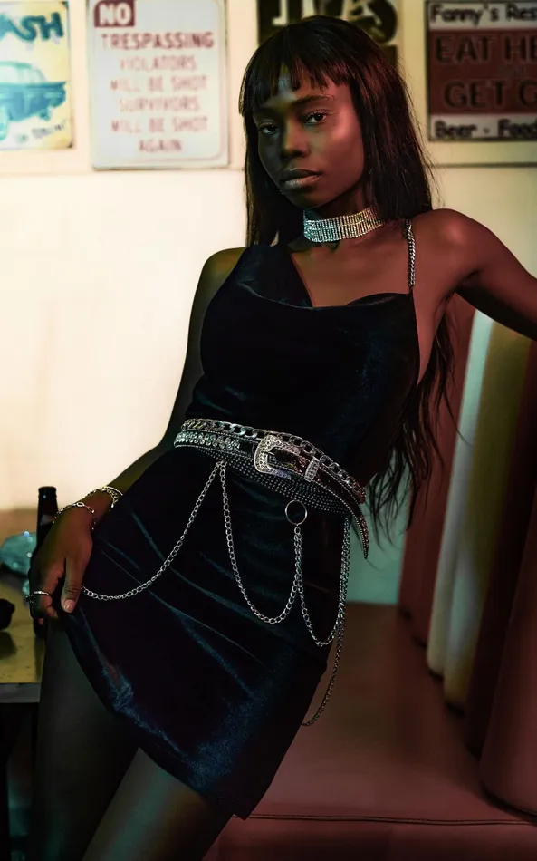 Showpo Asher Mini Dress 8211 Asymmetric Neckline Chain Strap Velvet Dress In Black Women Dresses