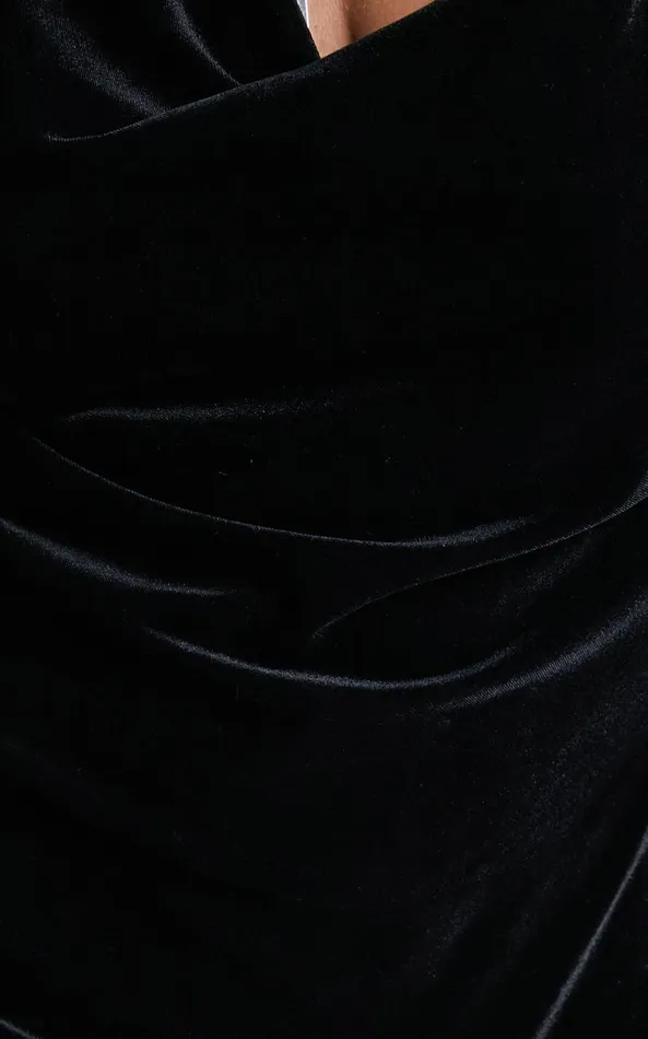 Showpo Asher Mini Dress 8211 Asymmetric Neckline Chain Strap Velvet Dress In Black Women Dresses