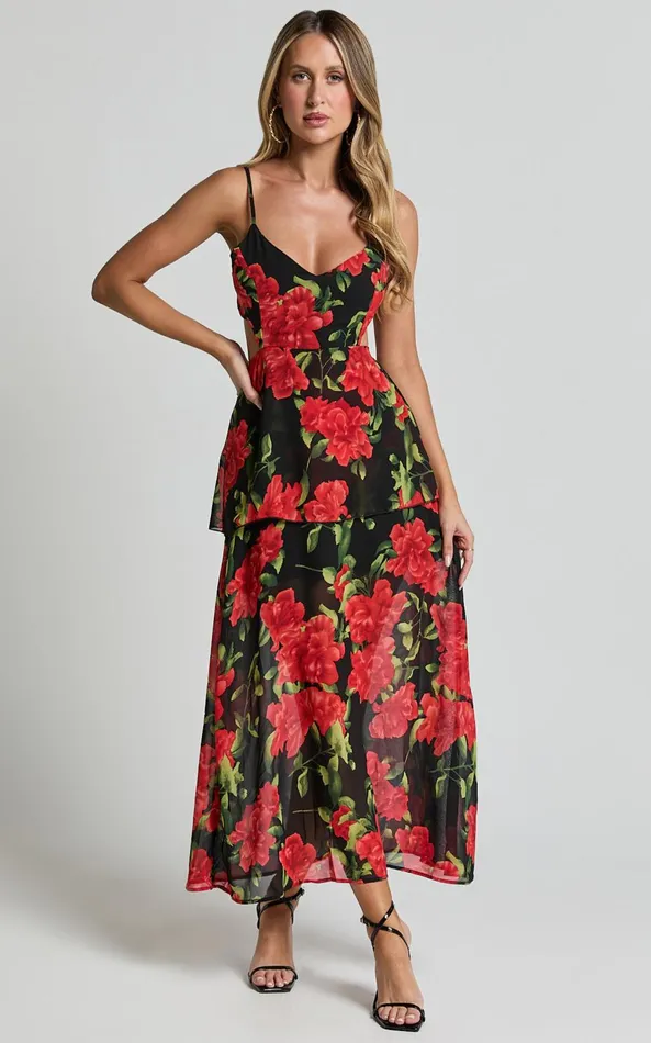 Showpo Ashlee Maxi Dress 8211 Tiered Frill V Neck Open Back Rosette Maxi Dress In Black and Red Women Dresses Showpo Ashlee Maxi Dress 8211 Tiered Frill V Neck Open Back Rosette Maxi Dress In Black and Red Women Dresses