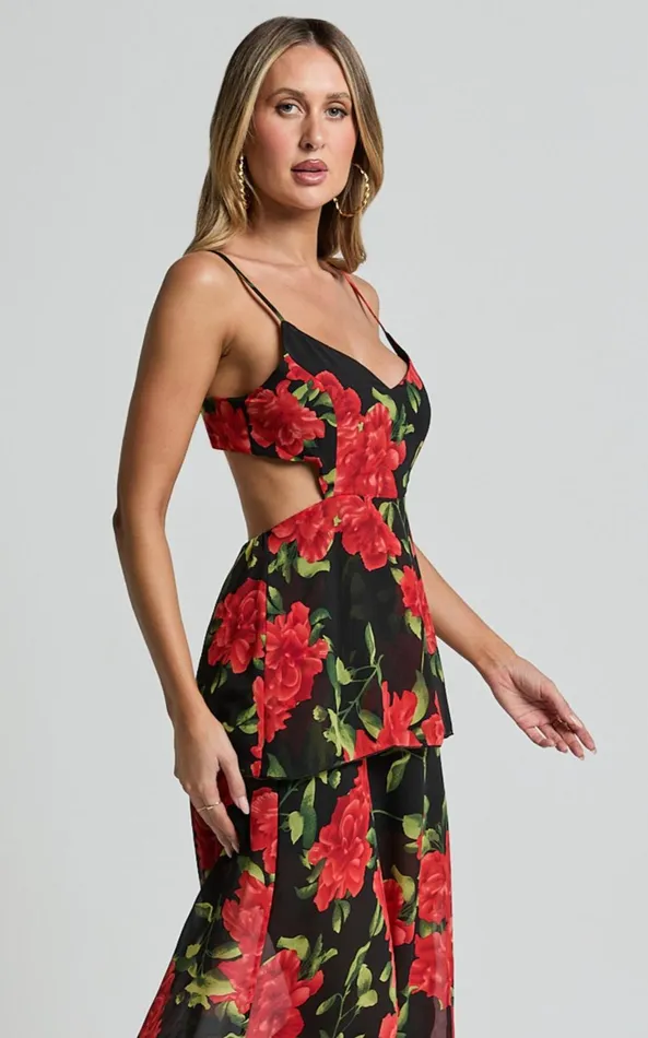 Showpo Ashlee Maxi Dress 8211 Tiered Frill V Neck Open Back Rosette Maxi Dress In Black and Red Women Dresses