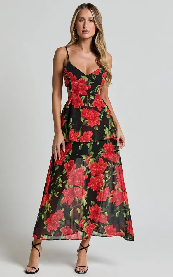 Showpo Ashlee Maxi Dress 8211 Tiered Frill V Neck Open Back Rosette Maxi Dress In Black and Red Women Dresses