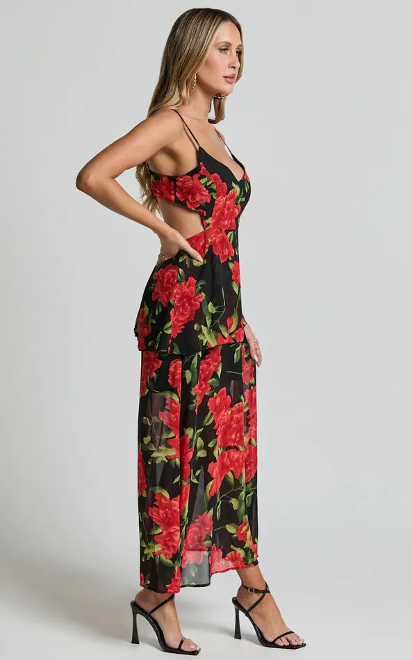 Showpo Ashlee Maxi Dress 8211 Tiered Frill V Neck Open Back Rosette Maxi Dress In Black and Red Women Dresses