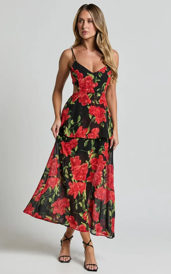 Showpo Ashlee Maxi Dress 8211 Tiered Frill V Neck Open Back Rosette Maxi Dress In Black and Red Women Dresses