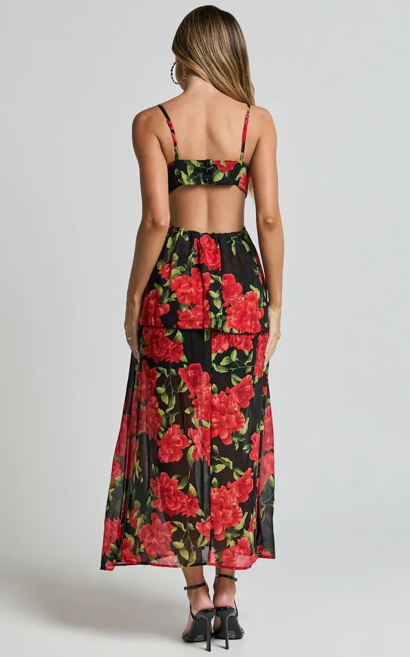 Showpo Ashlee Maxi Dress 8211 Tiered Frill V Neck Open Back Rosette Maxi Dress In Black and Red Women Dresses