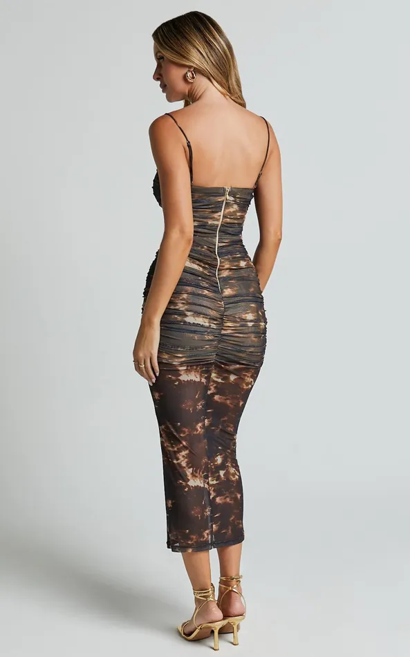 Showpo Ashlyn Midi Dress 8211 Ruched Mesh Strapless Dress In Brown Women Dresses