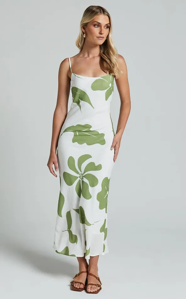 Showpo Ashna Midi Dress 8211 Sleeveless Scoop Neck Slip Dress In Green Floral Women Dresses