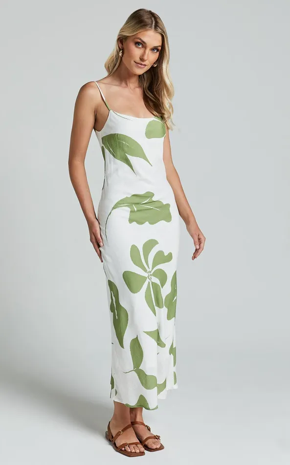 Showpo Ashna Midi Dress 8211 Sleeveless Scoop Neck Slip Dress In Green Floral Women Dresses