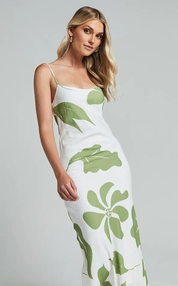 Showpo Ashna Midi Dress 8211 Sleeveless Scoop Neck Slip Dress In Green Floral Women Dresses